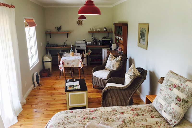 Braeburn cottage, view from bedroom to living/ kitchen area